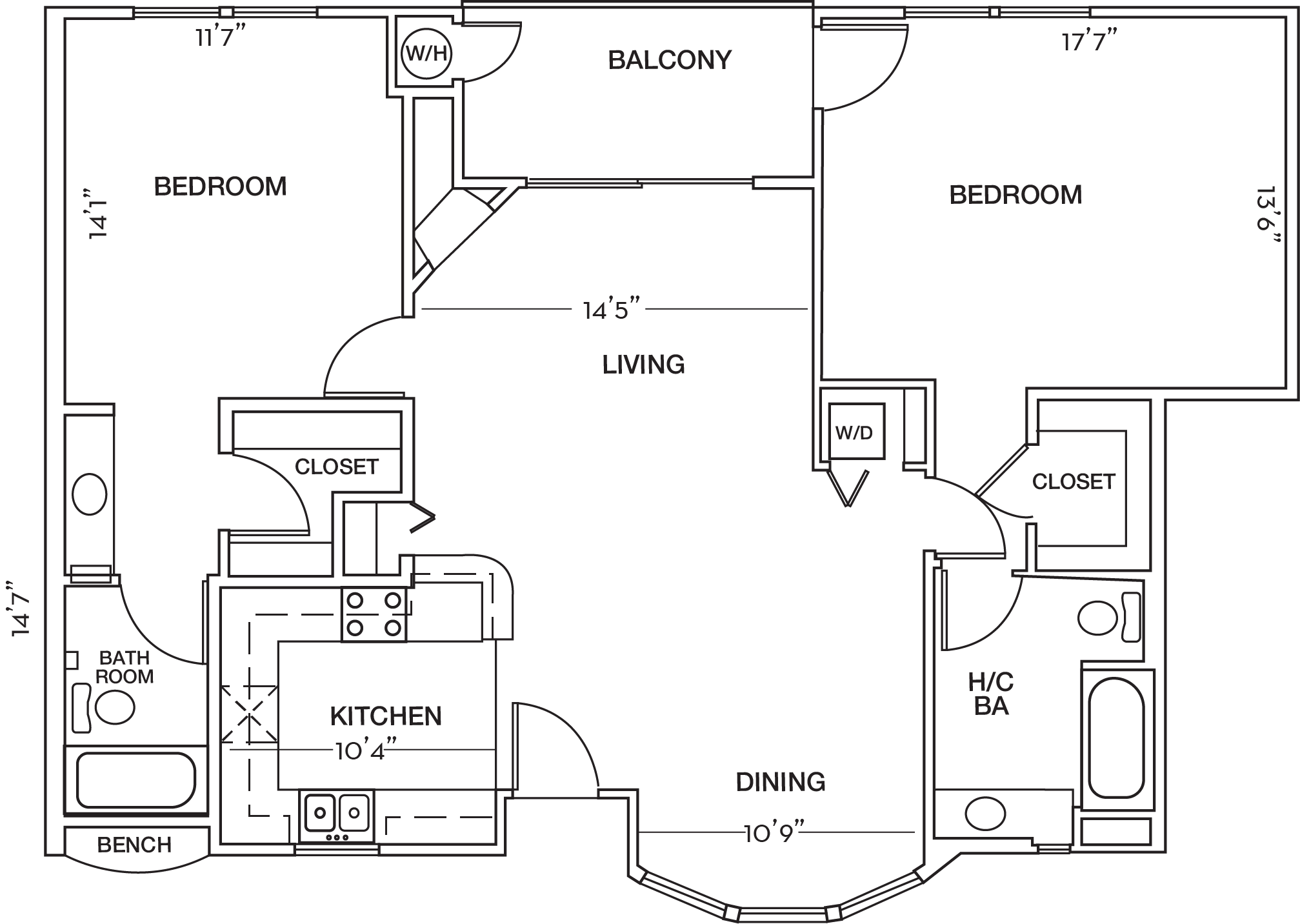 Floor plan for 2 beds, 2 baths, 1174 sqft